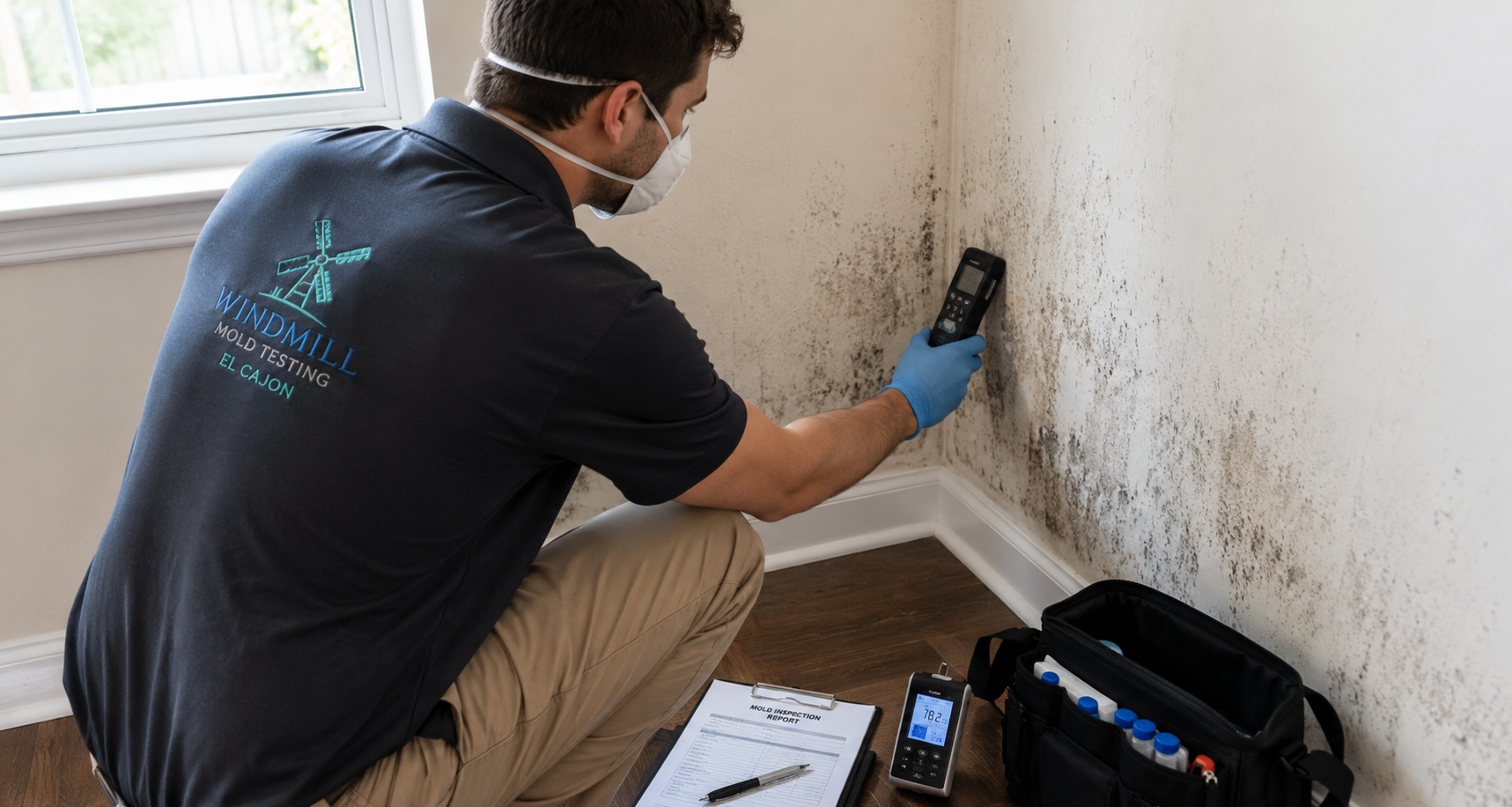 Mold inspector evaluating a bright, clean home interior in El Cajon