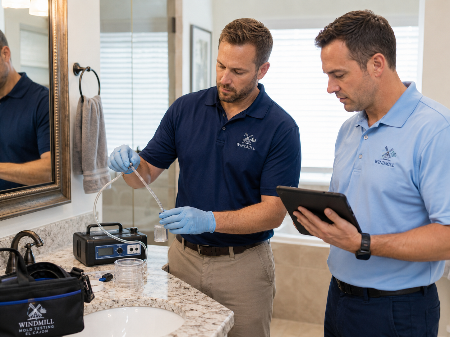 Windmill Mold Testing team collecting an indoor air or surface sample in a bathroom